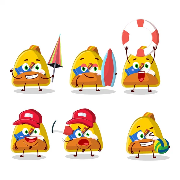 Happy Face School Bag Cartoon Character Playing Beach Vector Illustration — Vetor de Stock