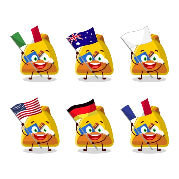 School Bag Cartoon Character Bring Flags Various Countries Vector Illustration — ストックベクタ