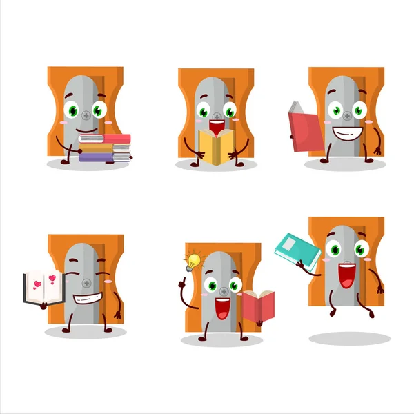 Picture Orange Pencil Sharpener Cartoon Character Concept Reading Amusing Book — Stockvektor