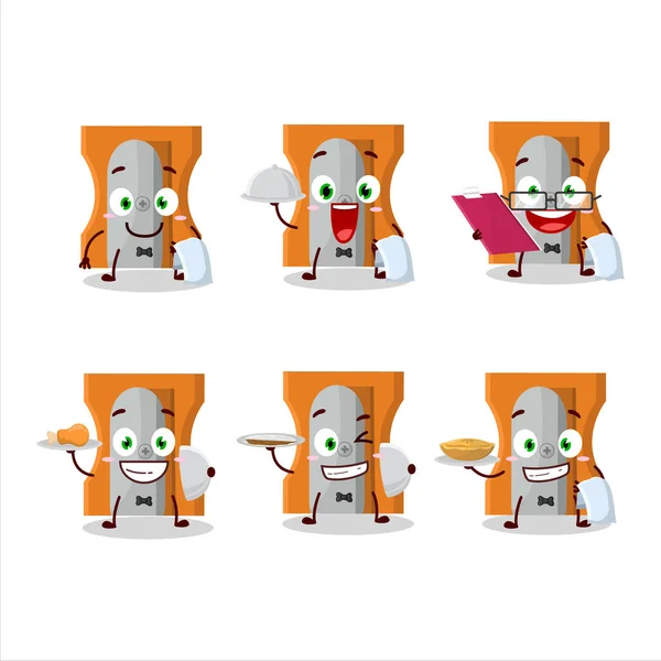 Happy Orange Pencil Sharpener Waiter Cartoon Character Holding Plate Vector — стоковый вектор