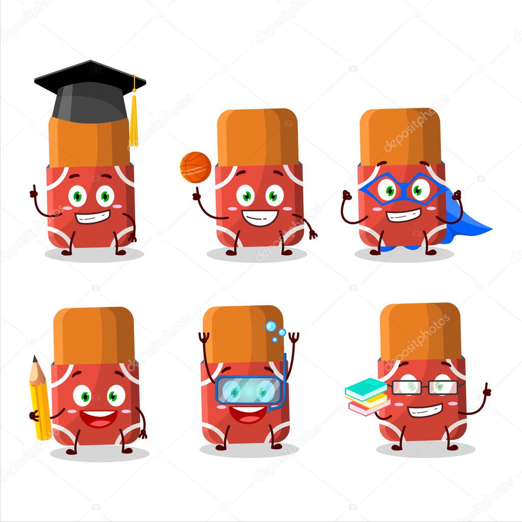 School student of red eraser cartoon character with various expressions. Vector illustration