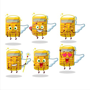 Sarı hesap makinesi karikatürü sevimli bir melek karakteri olarak tasarlandı. Vektör illüstrasyonu