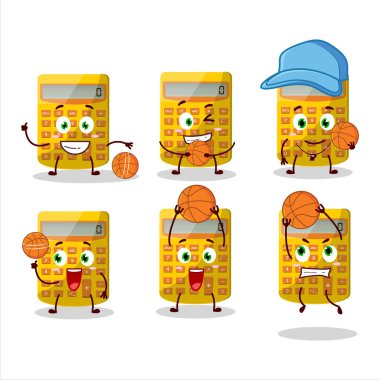 Basketbol atleti olarak yetenekli sarı hesap makinesi çizgi film karakteri. Vektör illüstrasyonu