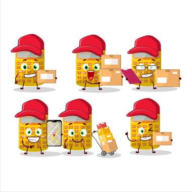 Kurye olarak çalışan sarı hesap makinesinin çizgi film karakteri tasarımı. Vektör illüstrasyonu