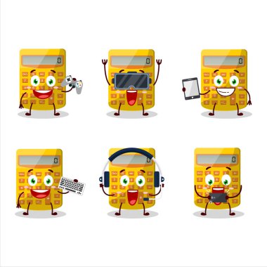 Sarı hesap makinesi çizgi film karakteri çeşitli şirin ifadelerle oyunlar oynuyor. Vektör illüstrasyonu