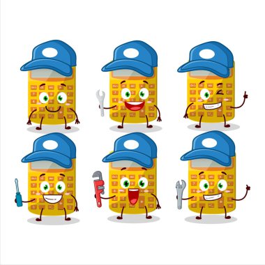 mekanik sarı hesap makinesi kerpetenli sevimli maskot karakter. Vektör illüstrasyonu