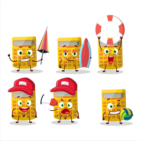 Happy Face Yellow Calculator Cartoon Character Playing Beach Vector Illustration — Vetor de Stock