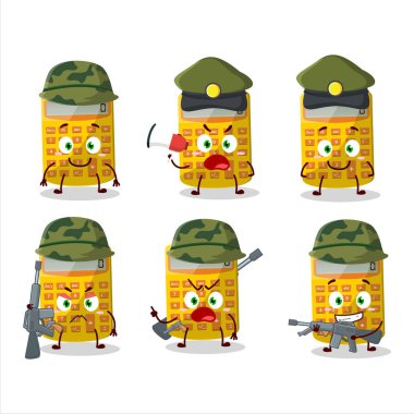 Çekici bir asker, sarı hesap makinesi karikatürü bir silah makinesi getirdi. Vektör illüstrasyonu