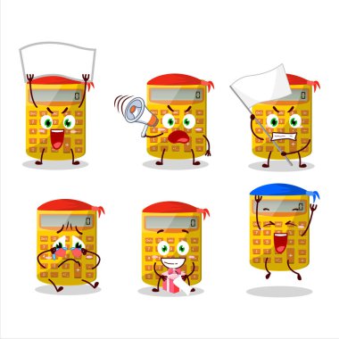 Çekici bir destekçi olarak sarı hesap makinesi karakterinin maskot tasarımı. Vektör illüstrasyonu