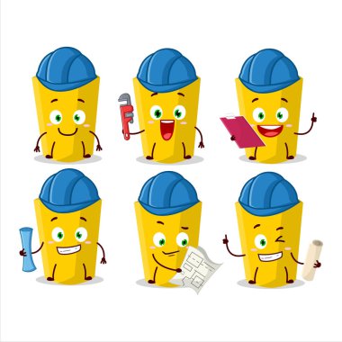 Mimar sarı tebeşir sevimli kerpetenle maskot karakteri. Vektör illüstrasyonu