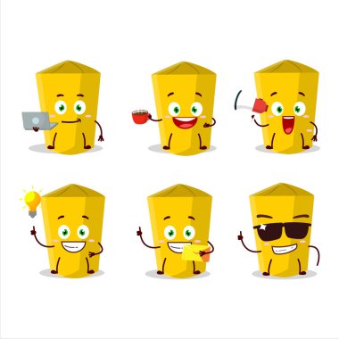 Çeşitli iş simgelerine sahip sarı tebeşir çizgi film karakteri. Vektör illüstrasyonu