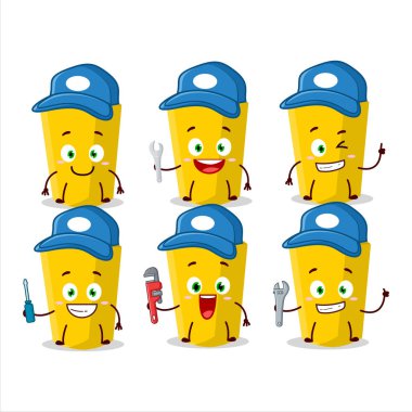 Sarı tebeşir, pense takan sevimli maskot karakteri. Vektör illüstrasyonu