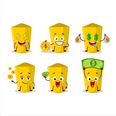 Sarı tebeşir çizgi film karakteri ve şirin yüz ifadesi para getiriyor. Vektör illüstrasyonu