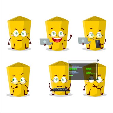 Sarı tebeşir programcısıyla sevimli çizgi film karakteri. Vektör illüstrasyonu