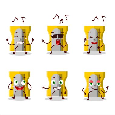 Müzikten hoşlanan sarı kalem açacağı dansçısı çizgi film karakteri. Vektör illüstrasyonu