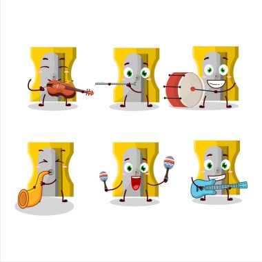 Bazı müzik enstrümanları çalan sarı kalem açacağının çizgi film karakteri. Vektör illüstrasyonu