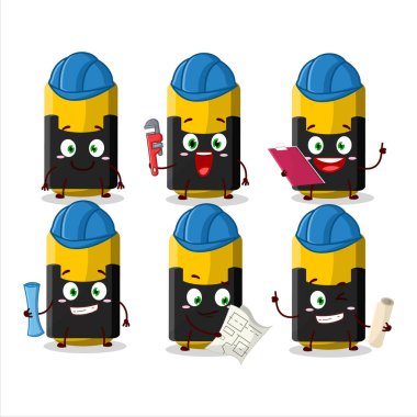 Mimar sarı fosforlu kalem ve kerpetenle sevimli maskot karakteri. Vektör illüstrasyonu