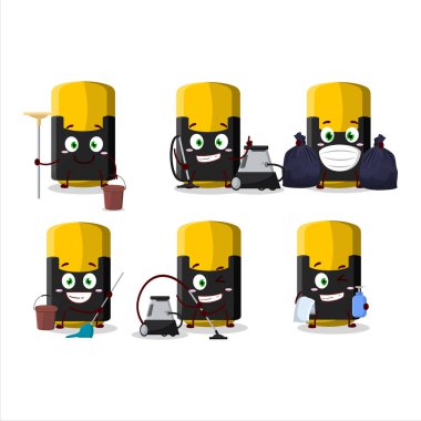 Temizlik servisi sarı fosforlu kalem kullanarak çizgi film karakteri paspas kullanıyor. Vektör illüstrasyonu