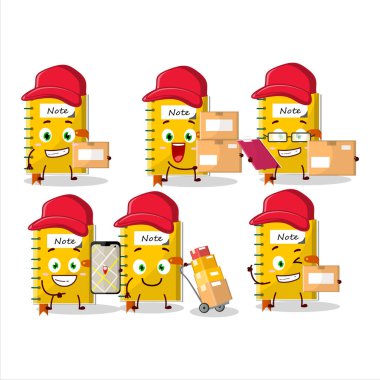 Kurye olarak çalışan not defterinin çizgi film karakteri tasarımı. Vektör illüstrasyonu