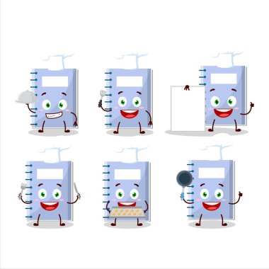 Çeşitli şef simgeleriyle mavi kitabın çizgi film karakteri. Vektör illüstrasyonu