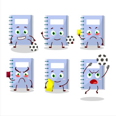 Mavi kitap karakteri futbol hakemi olarak çalışıyor. Vektör illüstrasyonu