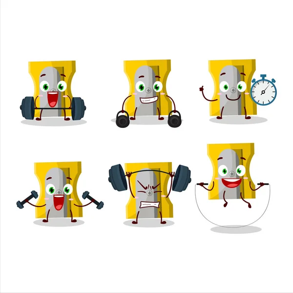 Healthy Yellow Pencil Sharpener Cartoon Style Trying Some Tools Fitness — стоковый вектор