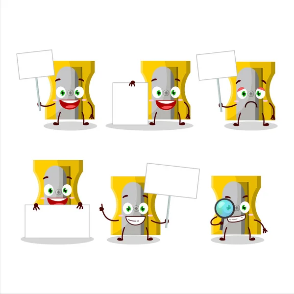 Yellow Pencil Sharpener Cartoon Character Bring Information Board Vector Illustration — Vetor de Stock