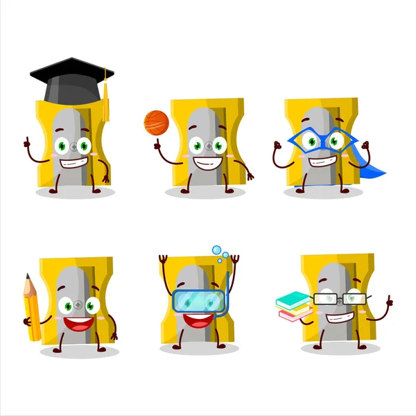様々な表情を持つ黄色の鉛筆シャープナー漫画のキャラクターの学校の学生 ベクターイラスト — ストックベクタ