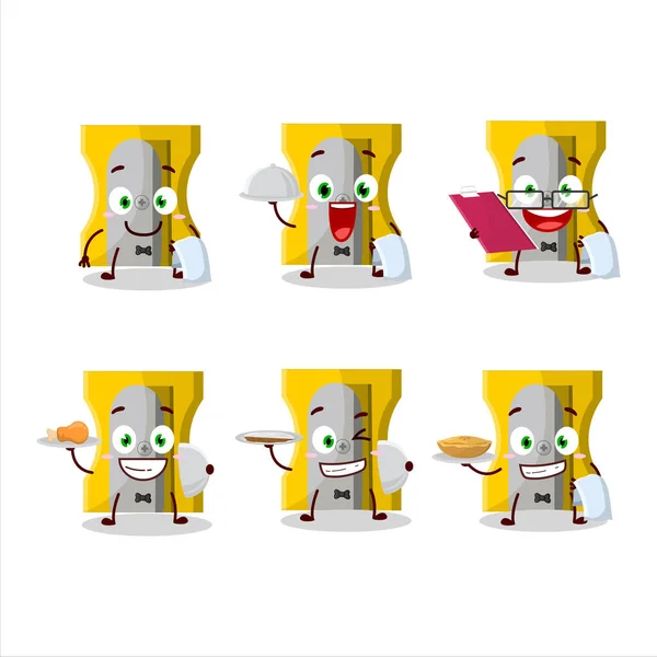 Happy Yellow Pencil Sharpener Waiter Cartoon Character Holding Plate Vector — Stockvektor