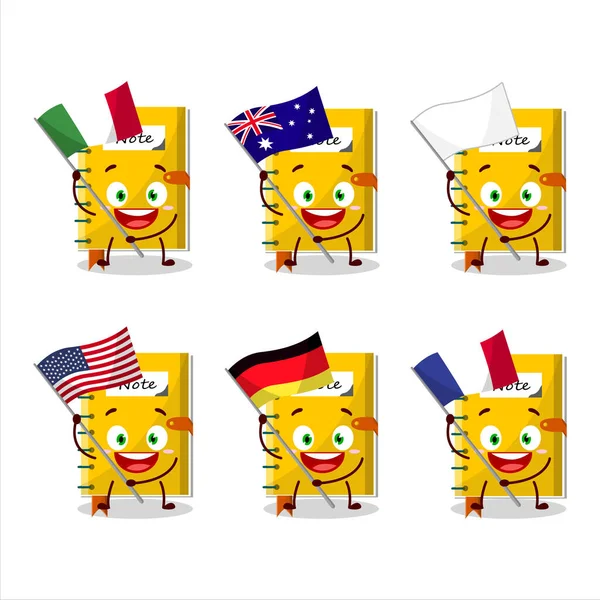 Note Book Cartoon Character Bring Flags Various Countries Vector Illustration — Vettoriale Stock
