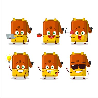 Orange pencil sharpener table cartoon character with various types of business emoticons. Vector illustration