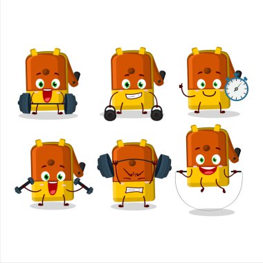 A healthy orange pencil sharpener table cartoon style trying some tools on Fitness center. Vector illustration