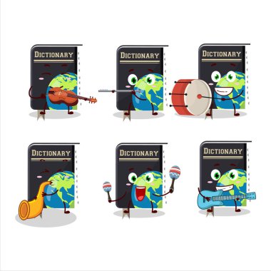 Cartoon character of dictionary book playing some musical instruments. Vector illustration