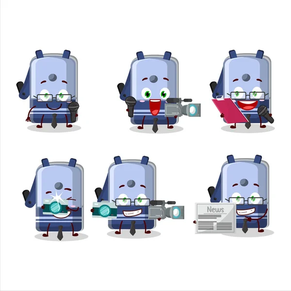 Character Reporter Blue Pencil Sharpener Table Cute Mascot Microphone Vector — 图库矢量图片