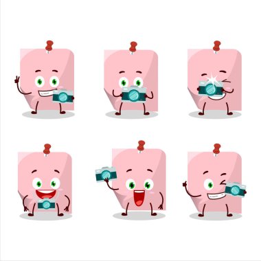 Pembe yapışkan karikatür karakterli fotoğrafçı mesleği simgesi. Vektör illüstrasyonu