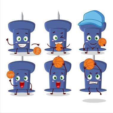 Talented blue push pin cartoon character as a basketball athlete. Vector illustration