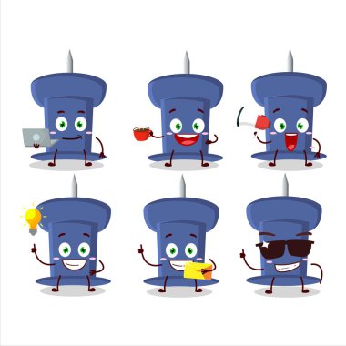 Blue push pin cartoon character with various types of business emoticons. Vector illustration