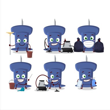 Cleaning service blue push pin cute cartoon character using mop. Vector illustration