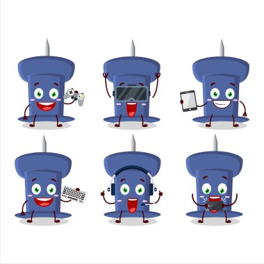Blue push pin cartoon character are playing games with various cute emoticons. Vector illustration