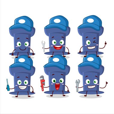 mechanic blue push pin cute mascot character with pliers. Vector illustration