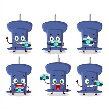 Photographer profession emoticon with blue push pin cartoon character. Vector illustration