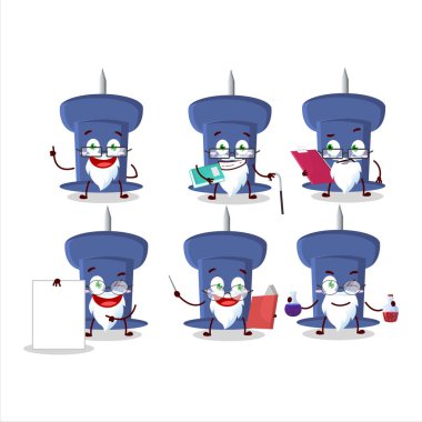 Professor blue push pin academic cartoon character working on laboratory. Vector illustration
