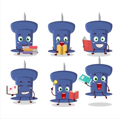 A picture of blue push pin cartoon character concept reading an amusing book. Vector illustration