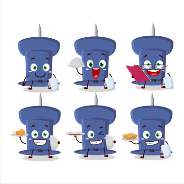 happy blue push pin waiter cartoon character holding a plate. Vector illustration
