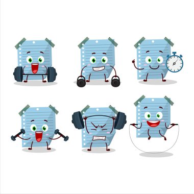 A healthy blue sticky notes cartoon style trying some tools on Fitness center. Vector illustration