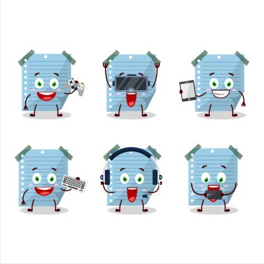 Blue sticky notes cartoon character are playing games with various cute emoticons. Vector illustration