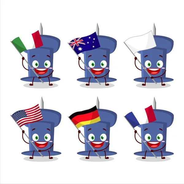 Blue Push Pin Cartoon Character Bring Flags Various Countries Vector — Διανυσματικό Αρχείο