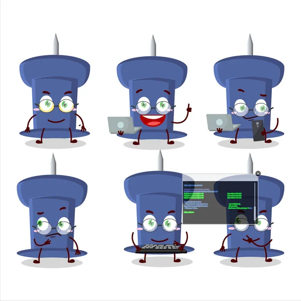 Blue Push Pin Programmer Cute Cartoon Character Vector Illustration — Stock Vector