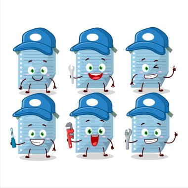 mechanic blue sticky notes cute mascot character with pliers. Vector illustration