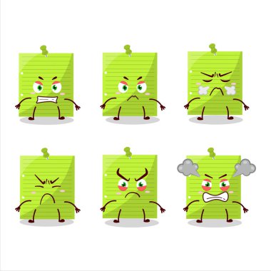 Green sticky notes cartoon character with various angry expressions. Vector illustration
